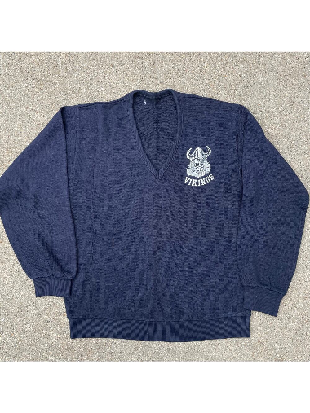 Vintage 60s 70s Vikings V Neck Sweater Cropped Varsity Mascot Mens S Boxy
